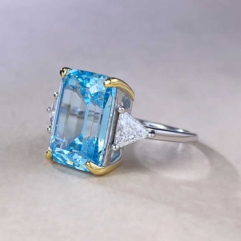 OEVAS 100% 925 Sterling Silver 10*14mm Aquamarine High Carbon Diamond Rings For Women Party Fine Jewelry view 3