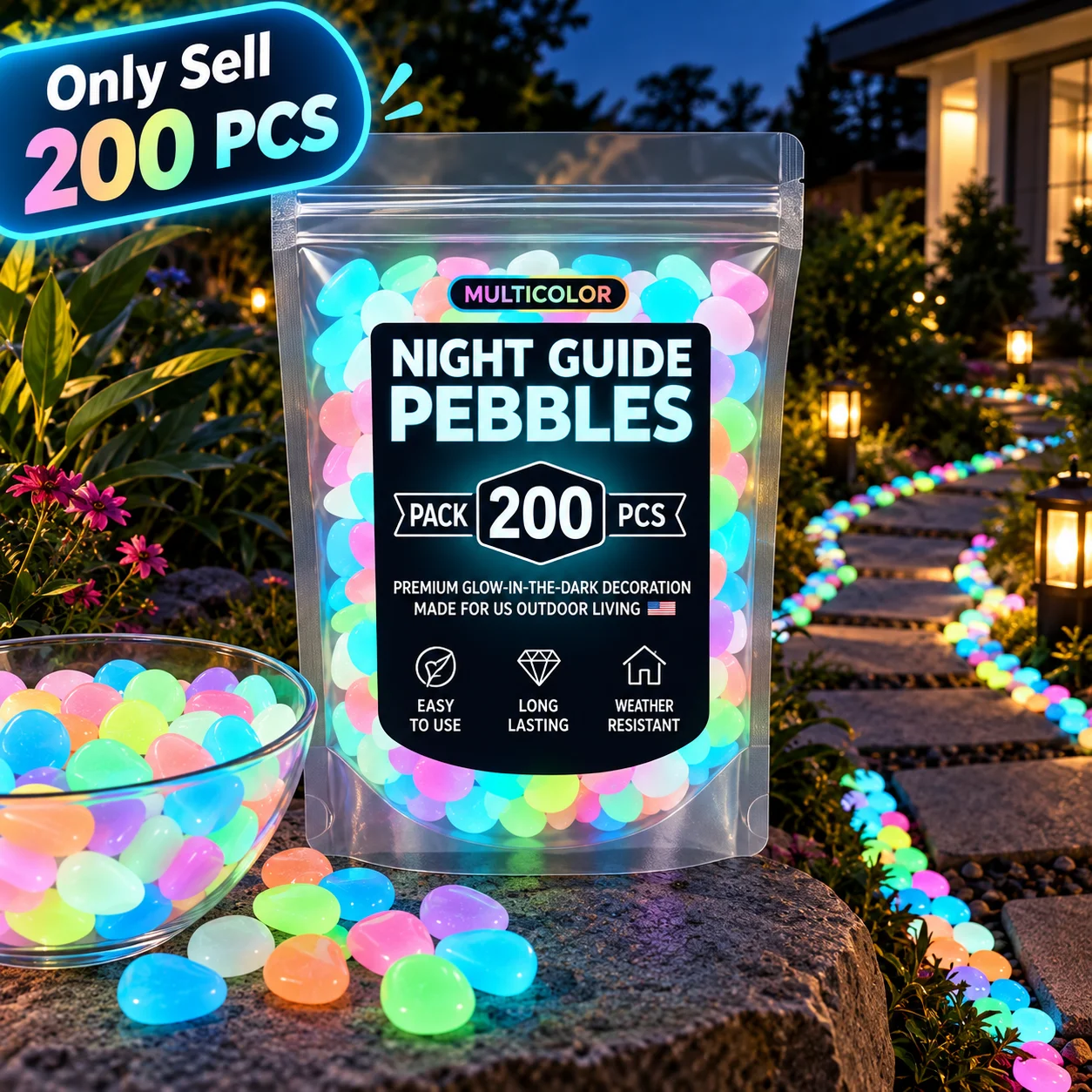 200 Pcs Glow In The Dark Pebbles, Rainbow Multicolored Stones, Light Up For Night Pathway, Garden Landscaping