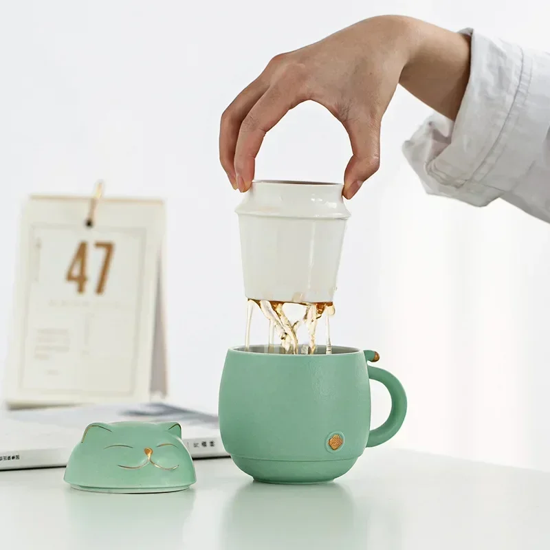 Lucky Cat Mug Tea Mug Creative Ceramic Cup With Cover Filter Office Water Cup Tea Separation Tea Cup