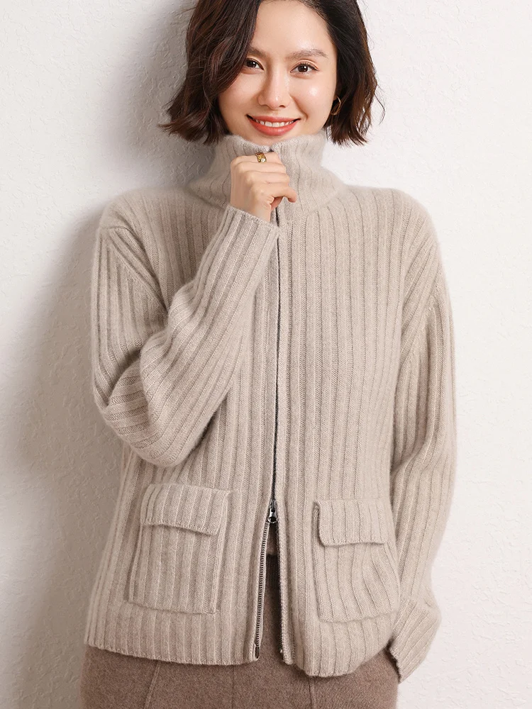 Long Sleeve Cardigan  New Fashion Women Sweater 100% Pure Cashmere Tops Half High Collar Jerseys Thick Autumn Winter Knitwear