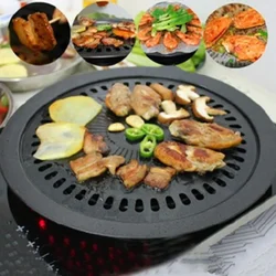 1pc Barbecue Plate Round Iron Korean BBQ Grill Plate No Burnt Fat Outdoor Picnic Barbecue Non-stick Pan Set with Holder Set New