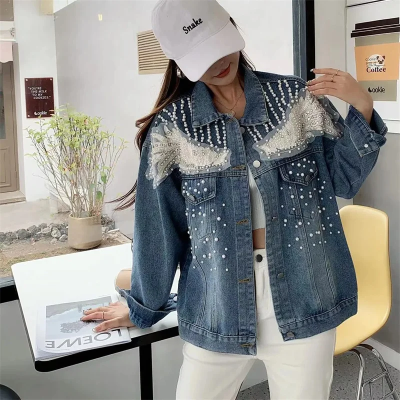 2024 New Women Pearl Beading Lace Diamond Wing Pattern Blue Short Denim Jacket Spring Autumn Casual Long Sleeve Cowboy Outwear