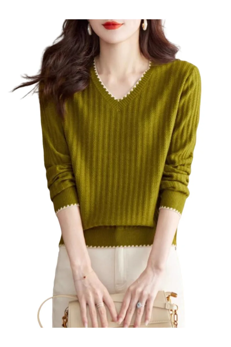 Women Sweater 2025 New Women's Autumn Winter Long Sleeve T Shirt V Neck Knit Top Loose Fit Age Reducing Fashion Inner Wear 6