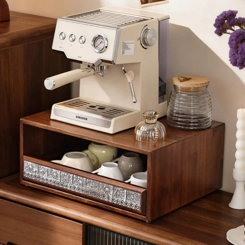 Solid Wood Coffee Machine Stand with Drawer Countertop Elevated Display Shelf Bar Cup Storage Rack Kitchen Organizer for Mugs