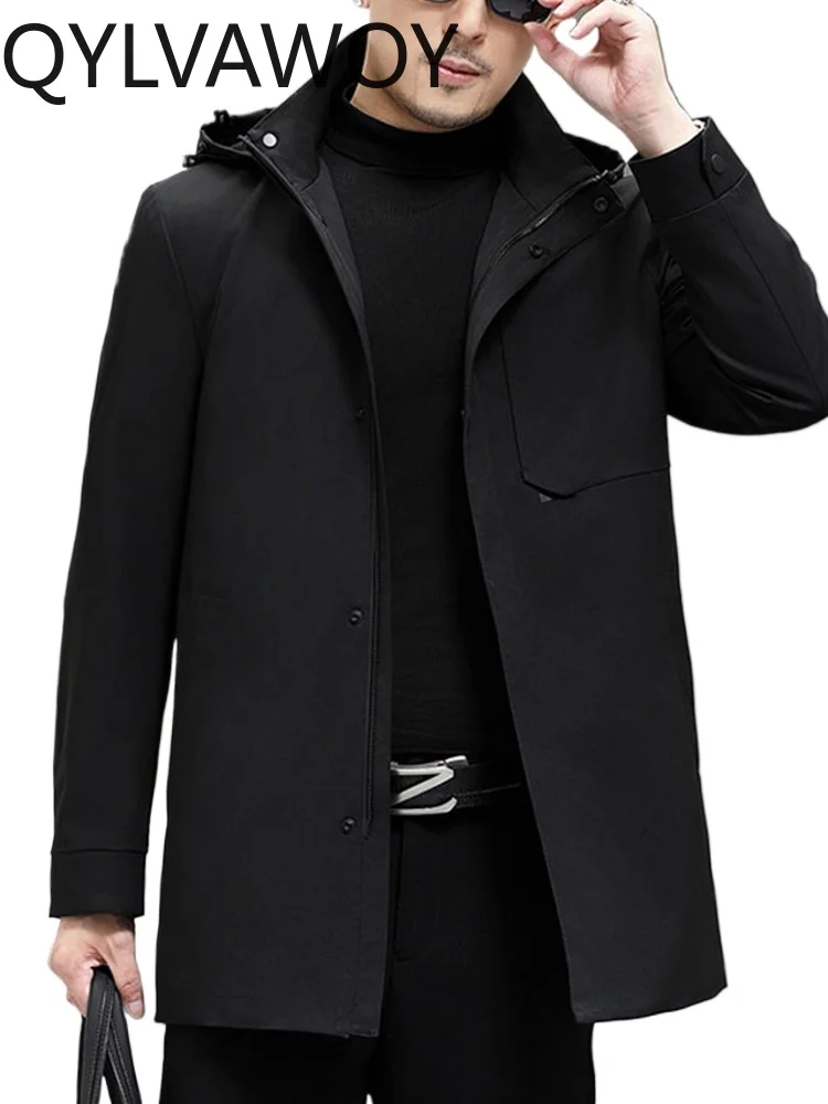 

QYLVAWOY 100% Polyester 2025 New Men's Mid-Length Hooded Trench Coat Brand Spring Autumn Fashion Men's Casual Outerwear LJ2248