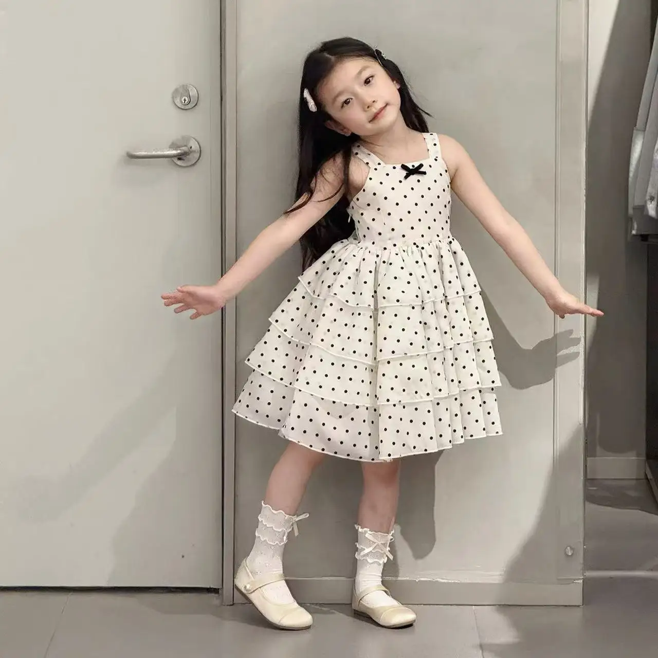 Girls Summer Polka Dot Suspender Cake Dress Children's Fluffy Princess Fashionable Dress