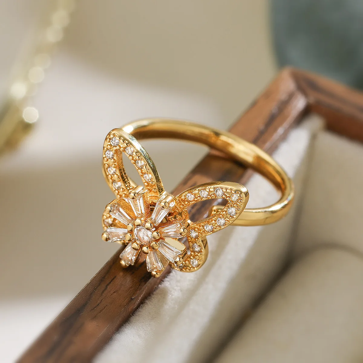 Versatile Flower Rotatable Cubic Zirconia Size Adjustable Rings For Women Gold Copper Metal Ring Party Jewelry image 4