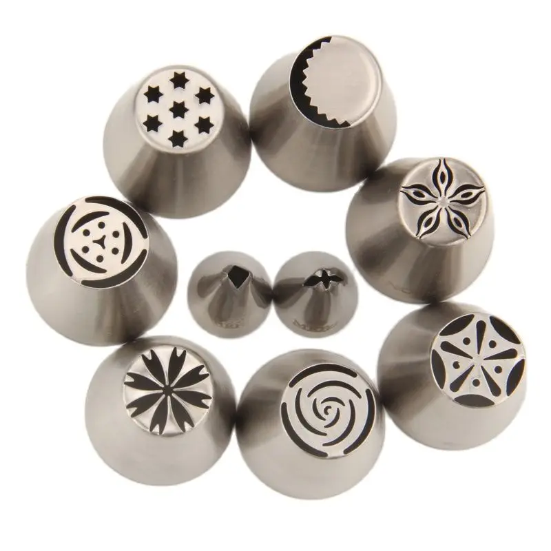 

Free Shipping 9pcs Stainless Steel Cake Decorating Piping Tips DIY Cupcake Nozzles Set with Tri-Color Coupler RF002