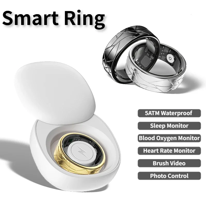 Smart Ring Men Women Heart Rate Blood Oxygen Sports Health Monitoring Deep Waterproof Ring for Photo Control Brush Video E-book