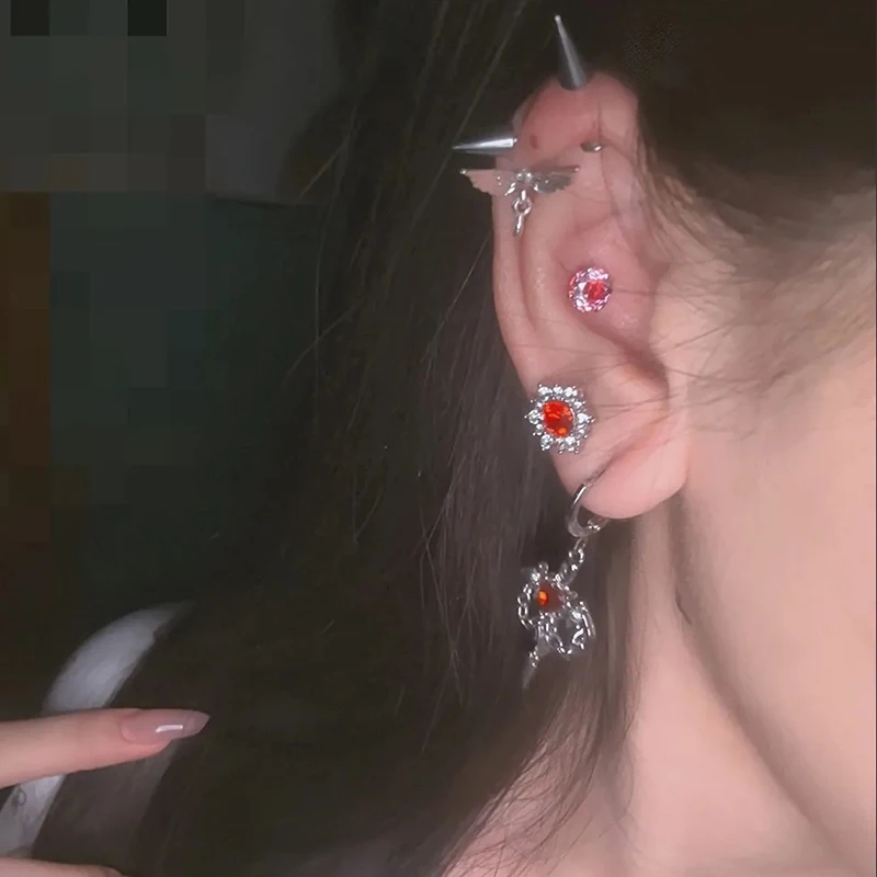 Punk Red Zircon Heart Wings Drop Earrings for Women Men Dark Gothic Crystal Cross Piercing Earrings Y2K Jewelry Accessories