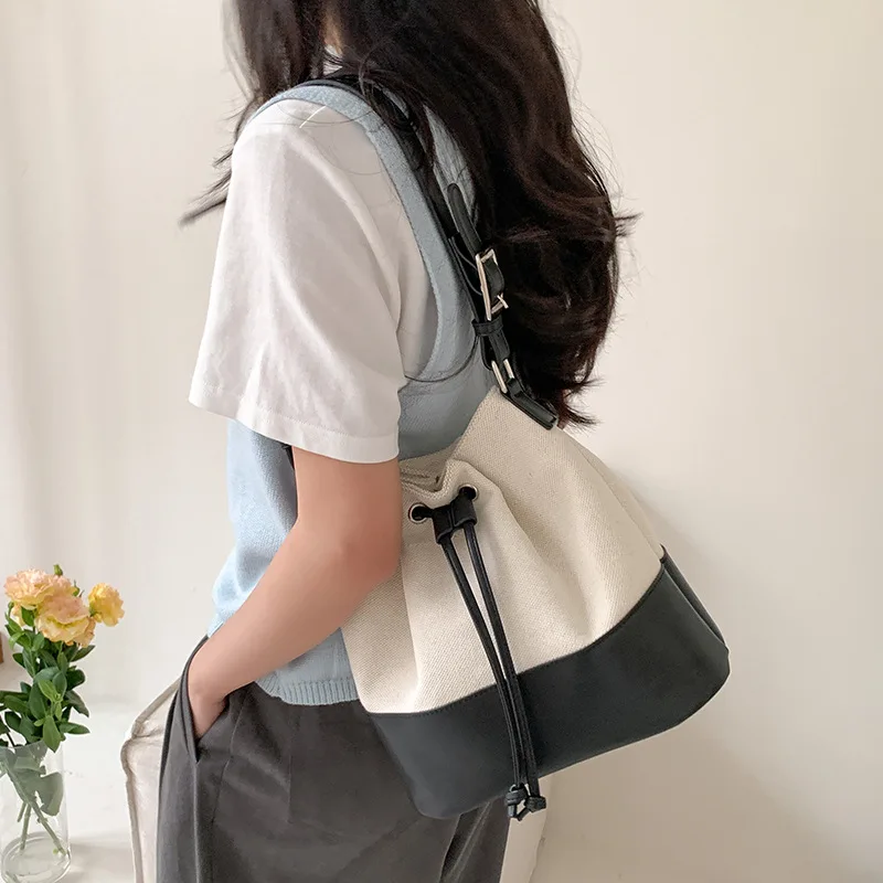

Casual Canvas Bucket Bag for Women Designer Drawstring Handbags Luxury Pu Leather Patchwork Shoulder Bags Large Totes