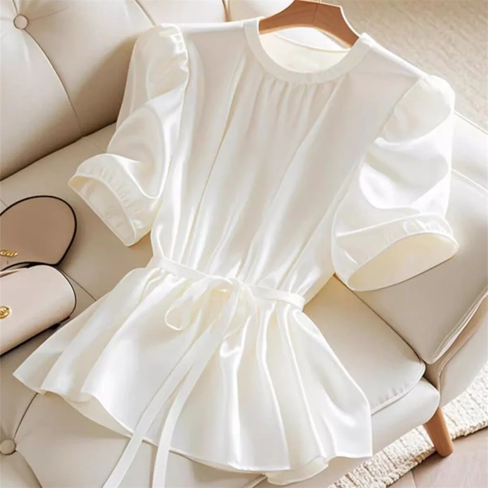 

White Puff Sleeve Satin Blouse For Women Round Neck Short Sleeve Lace Up Waist Slim Casual Daily Wear Tops Elegant Ladies Shirts
