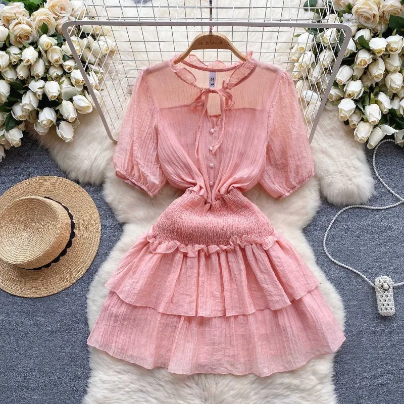 Dresses Shirt Dresses Sweet Ruffle Lace-up V-neck Stretch Slim Office Lady Streetwear Chic Womenswear Solid Loose