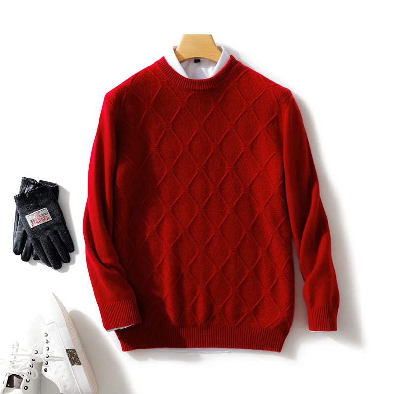 New Men\'s O-neck Diamond Grid Pullover 100% Pure Cashmere Wool Soft Sweater Autumn Winter Casual Thick Basis Large Size Top