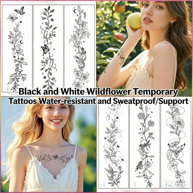 

Sexy Wildflower Tattoo Stickers Black White Realistic Designs Waterproof Sweat Proof for Arms Chest Collarbone Bold Body Art