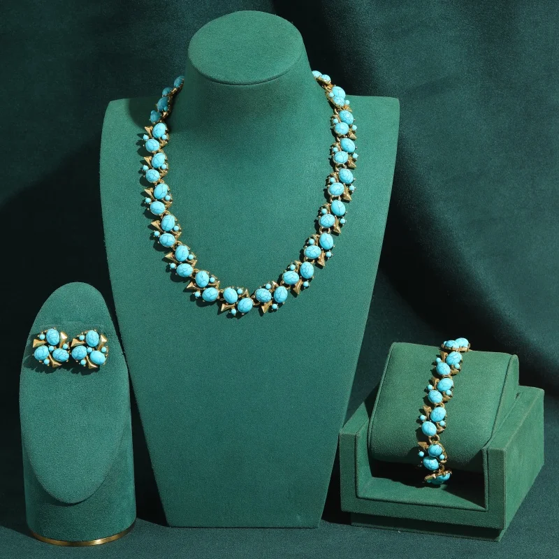 Vintage Flower Fruit Pearl Turquoise Jewelry Sets Luxury Natural Stone For Woman Necklace Bracelet Earrings Classic Gift New