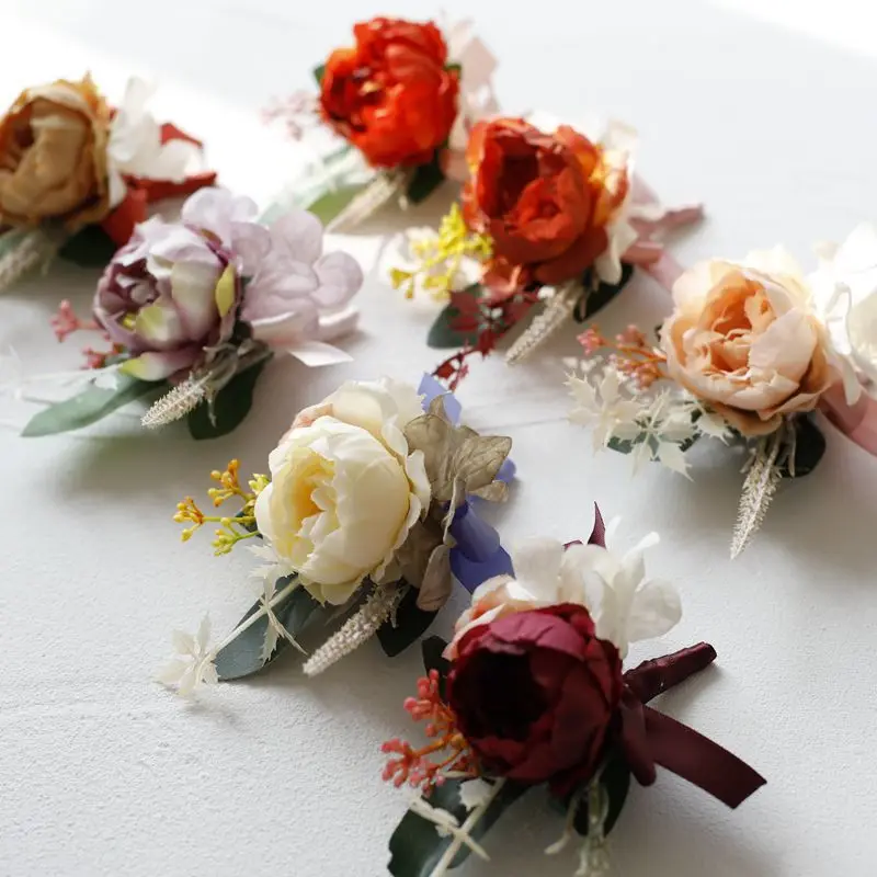 Flores artificiales de Rosa Vintage, ramilletes y boutonnieres de boda, accesorios de boda para hombre y dama de honor