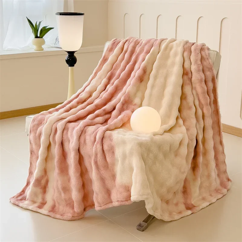 

Fluffy Blanket for Beds Rabbit Plush Plaids for Sofa Warm Thow Blanket Gradient Color Blanket for Winter Queen/King Blankets