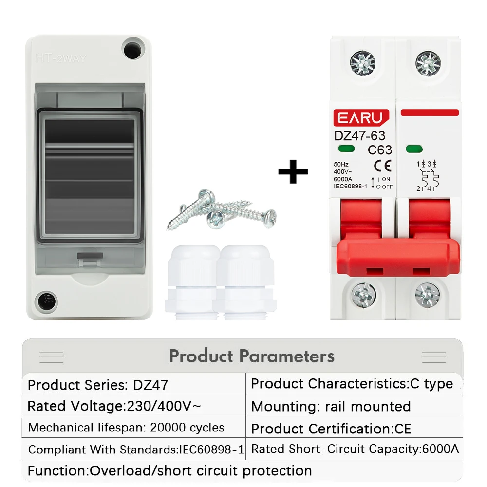 EARU HT-2 IP65 Wasserdichter elektrischer Verteilerkasten für den Außenbereich AC DC Solar-Leistungsschalter MCB 63A RCBO PC Kunststoff-Anschlusskabelkasten 3