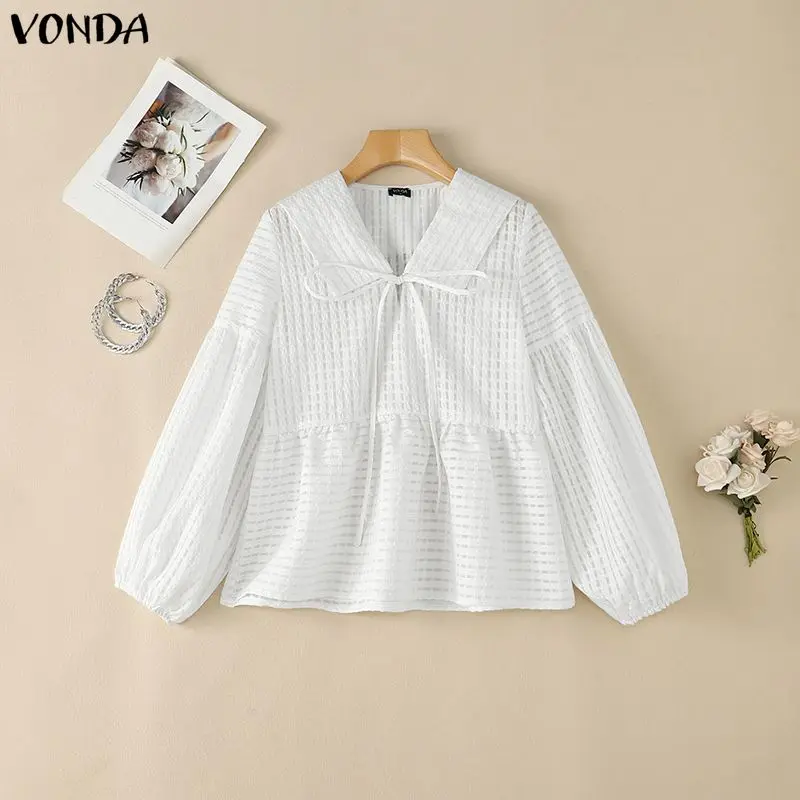 VONDA Women Blouse French Style Casual Spring Tops Elegant V Neck Tie Front Lantern Sleeve Shirts Fashion Solid Color Blusas 4