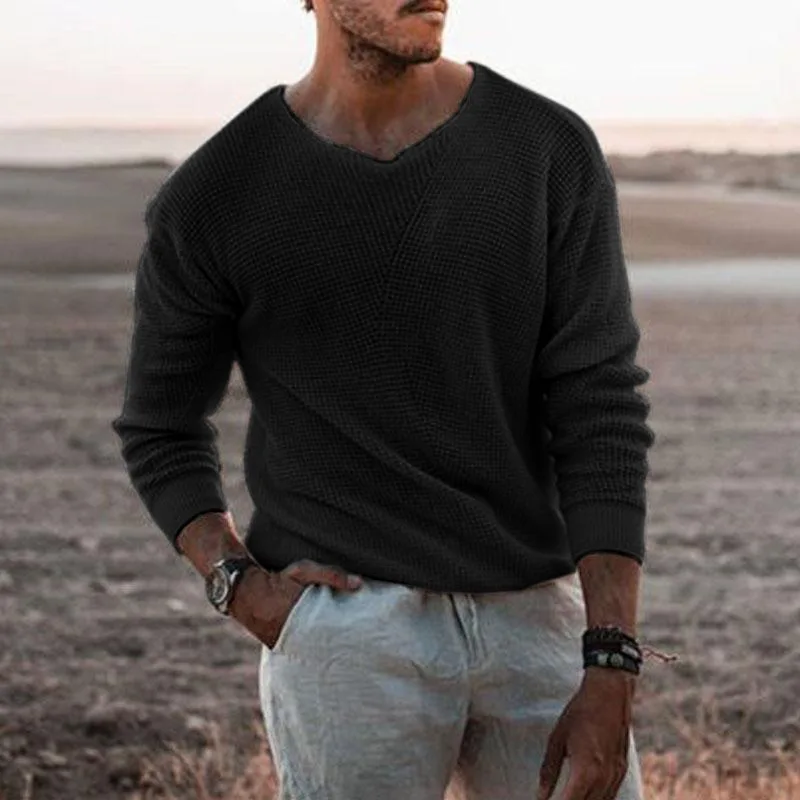 2023 Spring Autumn Fashion  Mens Knit Thin Sweaters Casual V Neck Solid Warm Slim Fit Sweaters Pullover Male