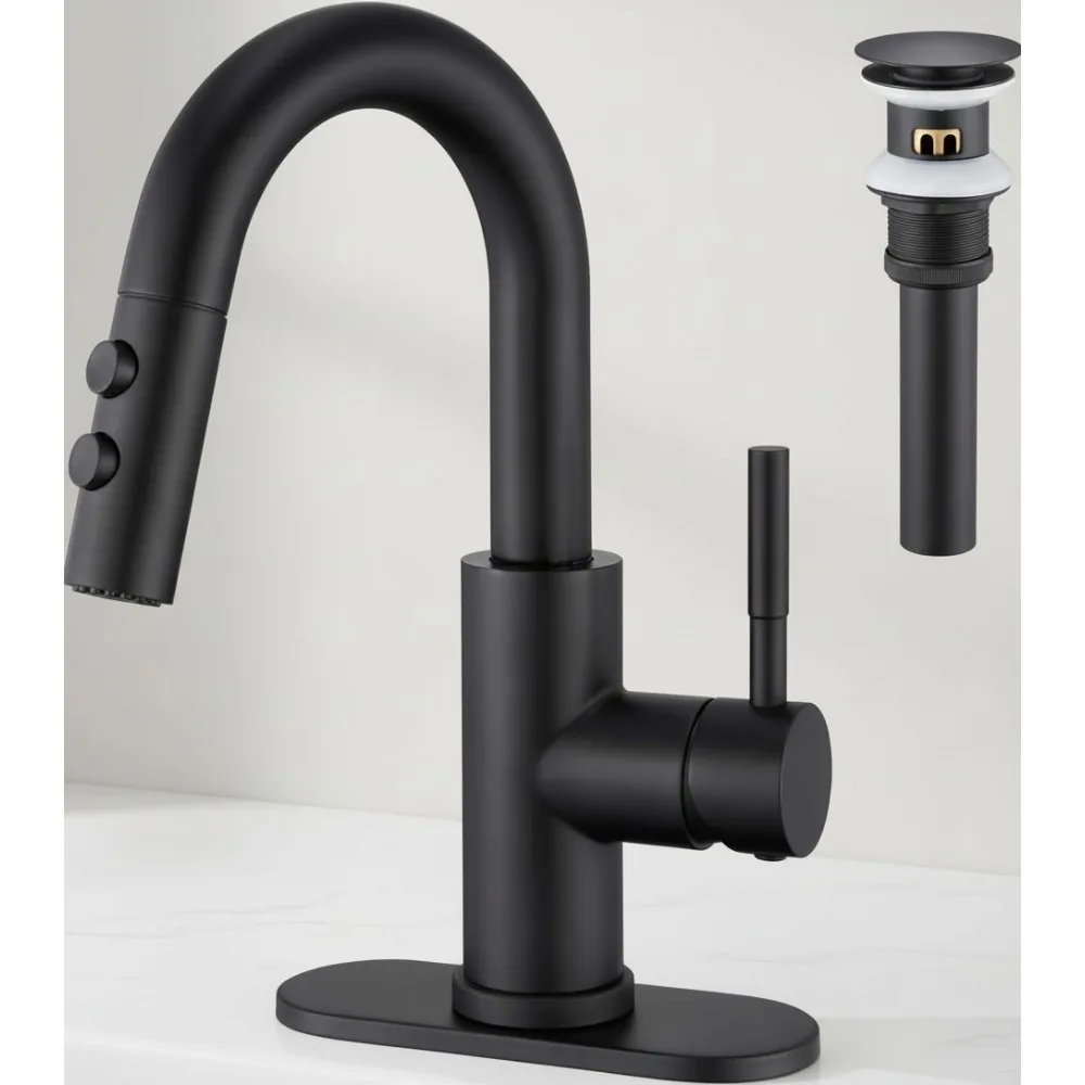 

Matte Black Pull Down Bathroom Sink Faucet with Sprayer & Pop-Up Drain, Easy Install Single Handle Basin Tap for Home