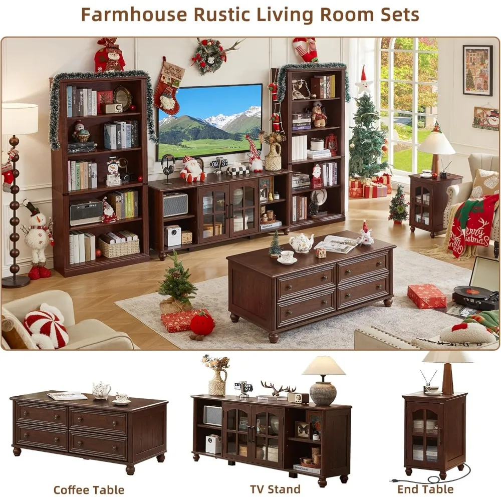 حامل تلفزيون المزرعة لتلفزيون 60 بوصة، مركز ترفيه خشبي مع أرفف قابلة للتعديل وخزانة تخزين بباب زجاجي، ملعب تلفزيون #3