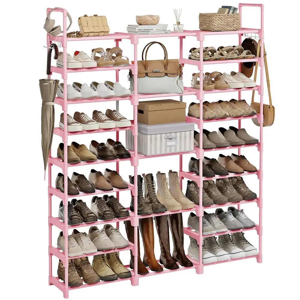 

Многоярусная полка для обуви на 9 уровней, органайзер для хранения обуви, вмещает 50-55 пар, прочные металлические трубы с пластиковыми соединителями, штабелируемая