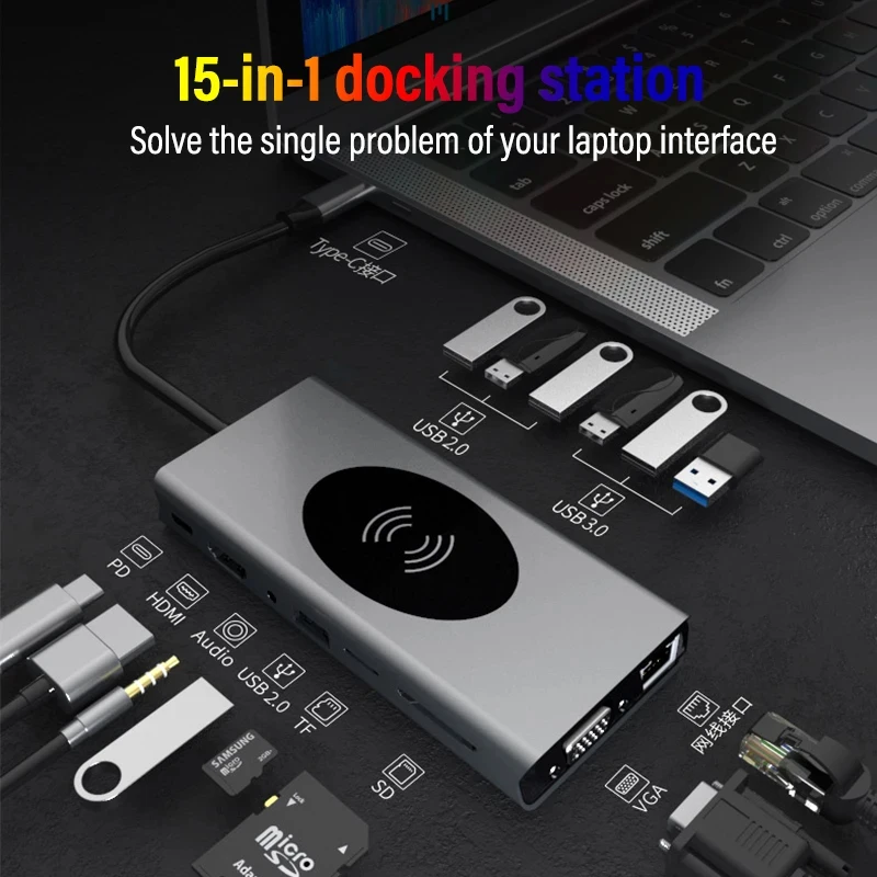 15-in-1 USB C Docking Station, Type C Hub with PD Charger, USB 3.0, SD/TF Card Reader, VGA, RJ45 Ethernet Adapter for Laptop
