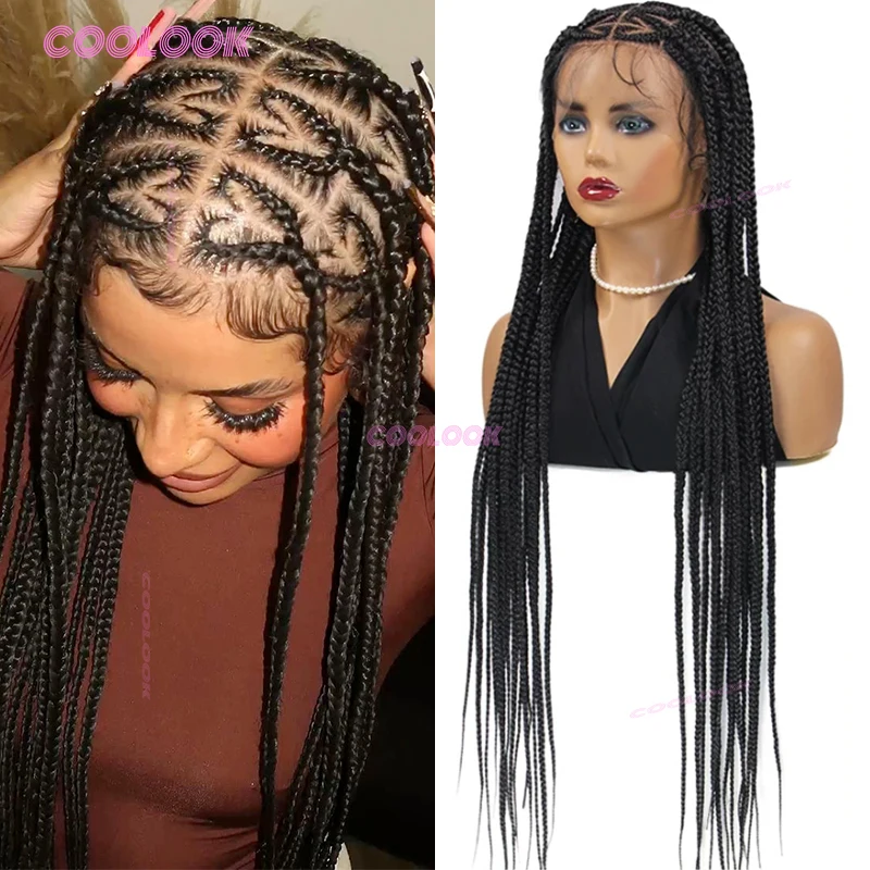 

36-дюймовый парик с косами в форме сердца, синтетические полные кружевные плетеные парики для женщин, косички без узлов, плетеные парики