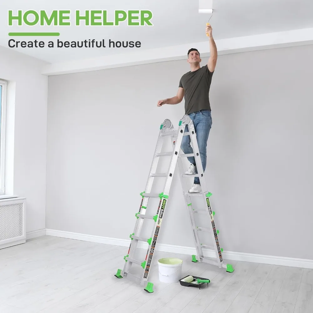 Ladder, Extension Ladders for Home Stairs 14 Ft, 4 Step Multi Position A Frame Ladder with Stabilizer Bar, Compact Folding,