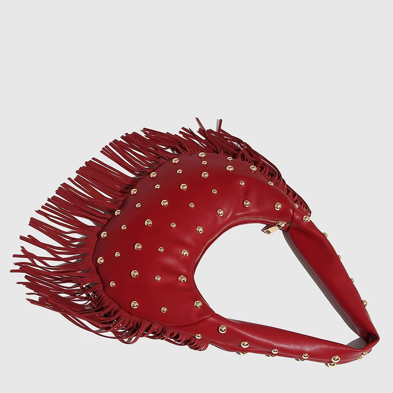 حقيبة هوبو كلاسيكية للنساء من الجلد النباتي تحت الإبط حقيبة يد مع تصميم مرصع بشراشيب حقيبة كتف كاجوال للاستخدام اليومي