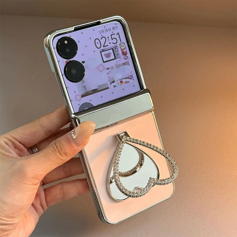 For Xiaomi Mix Flip / Mix Flip 2 Phone Case Pink Silver Electroplated Cover Heart Mirror Glitter Ring Holder Hinge Protection