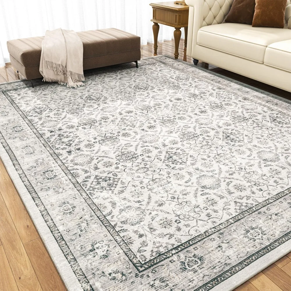 

8x10 Washable Area Rug for Living Room Bedroom - Vintage Boho Carpet Large Soft Distressed Floral Floor Rug for Playroom