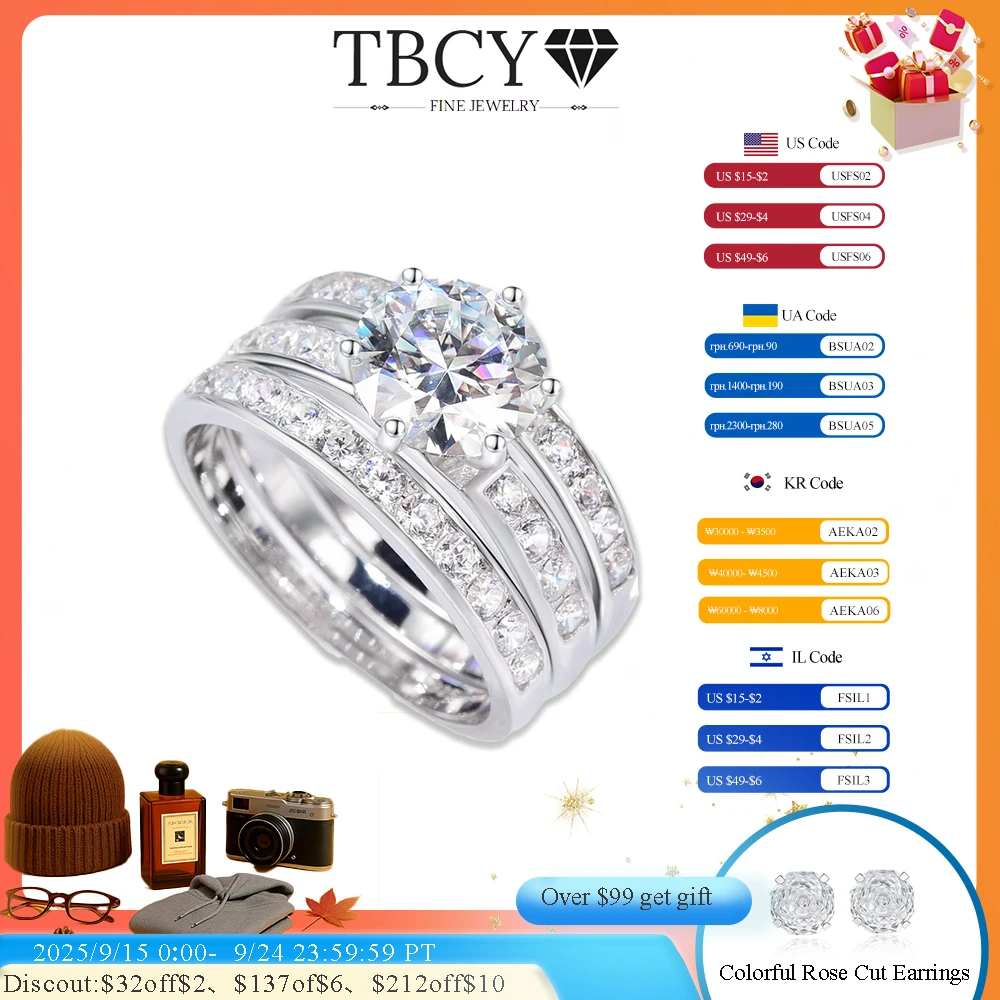 

Женский комплект колец с муассанитом TBCYD, обручальное кольцо 3 в 1 со съемным муассанитом, Ювелирное Украшение из серебра пробы с бриллиантами D-образного цвета