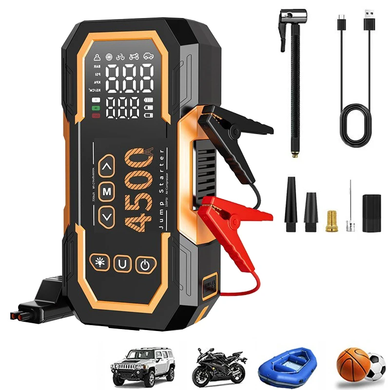 Multi-Function 12V Car Emergency Power Supply: Integrated Car Jump Starter + Tire Inflator + High-Capacity Power Bank.