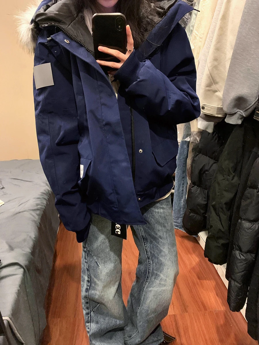 

Blue Hooded Thiened Winter Cotton Jaet Men's Warmth Insulation Parka Coat American Retro Workwear Utili Outerwear