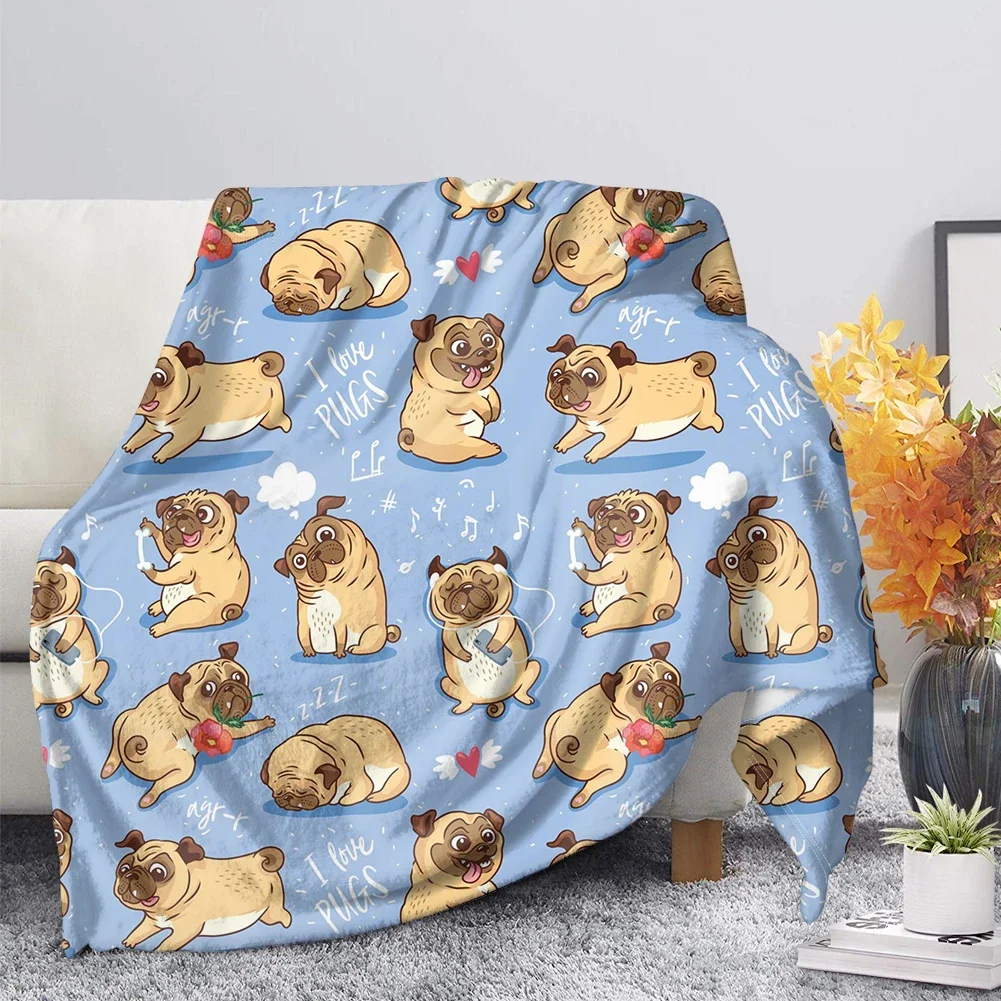 Flannel Blanket Cute Animal Pug Dog Soft Warm Fall Sofa Fleece Throw s for Bed  Couch  King Size Lightweight