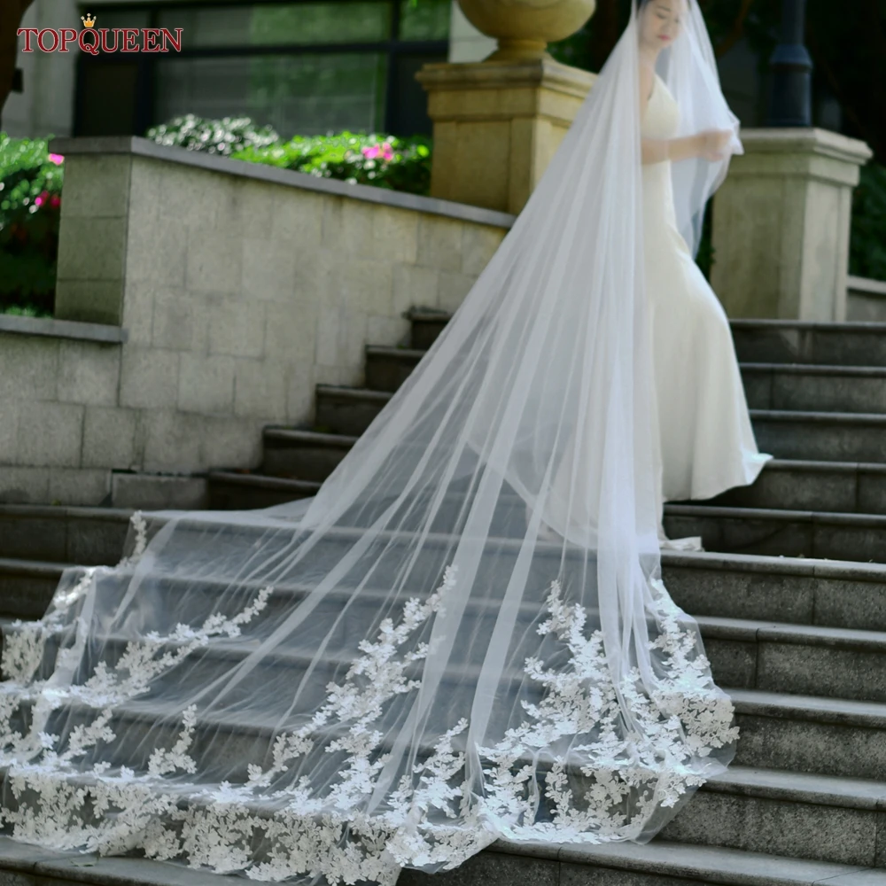 TOPQUEEN V94 Bridal Veils Extra Long Royal Wedding Veil with Blusher Vine Lace Patch Wedding Cathedral Drop Veil with Lace Trim