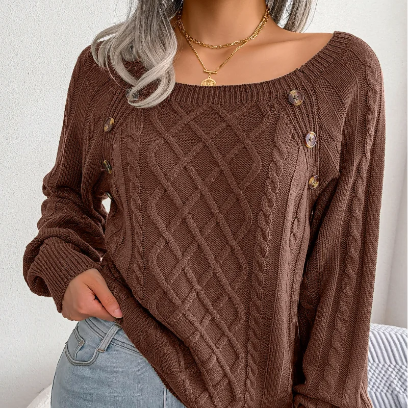 Autumn and Winter 2023 New Casual Square Neck Raglan Sleeve Geometric Casual Basics Office Lady Knitting Female Pullover Sweater