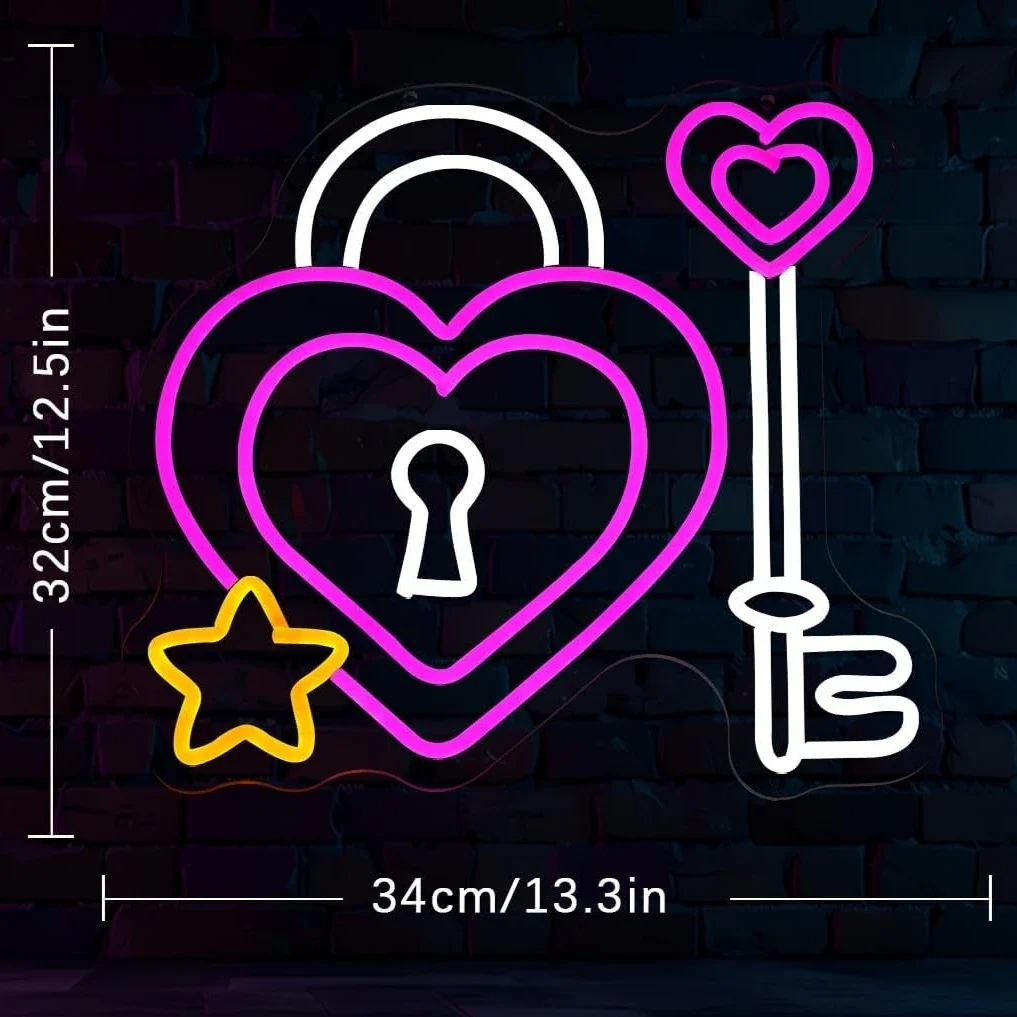 Heart Lock and Key  Neon Light Sign USB Dimmable LED Neon Sign for Bedroom Livingroom Club Bar Man Cave Party Gifts Wall Decor