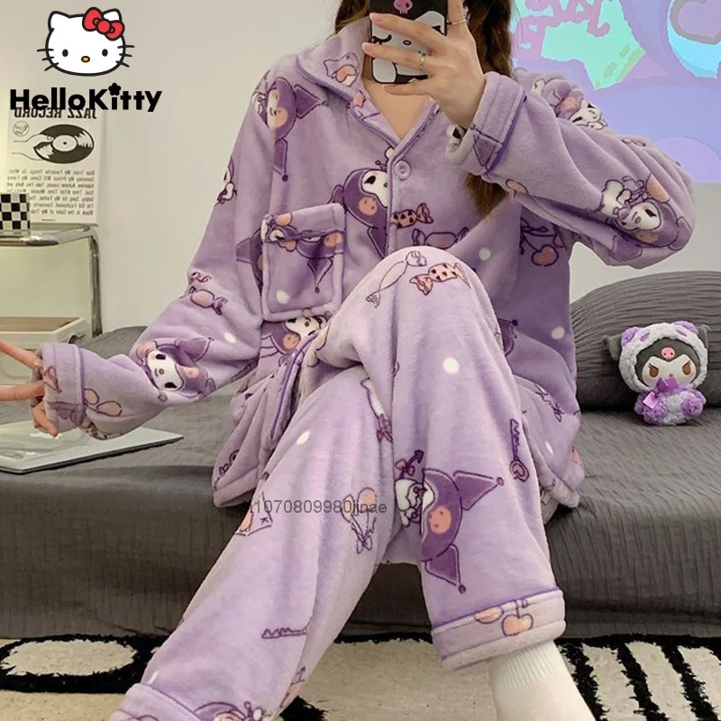 Новинка, одежда для сна Sanrio Kuromi, зимний плюшевый пижамный комплект, Женская домашняя одежда Hello Kitty Melody Cinnamoroll, костюмы, модная