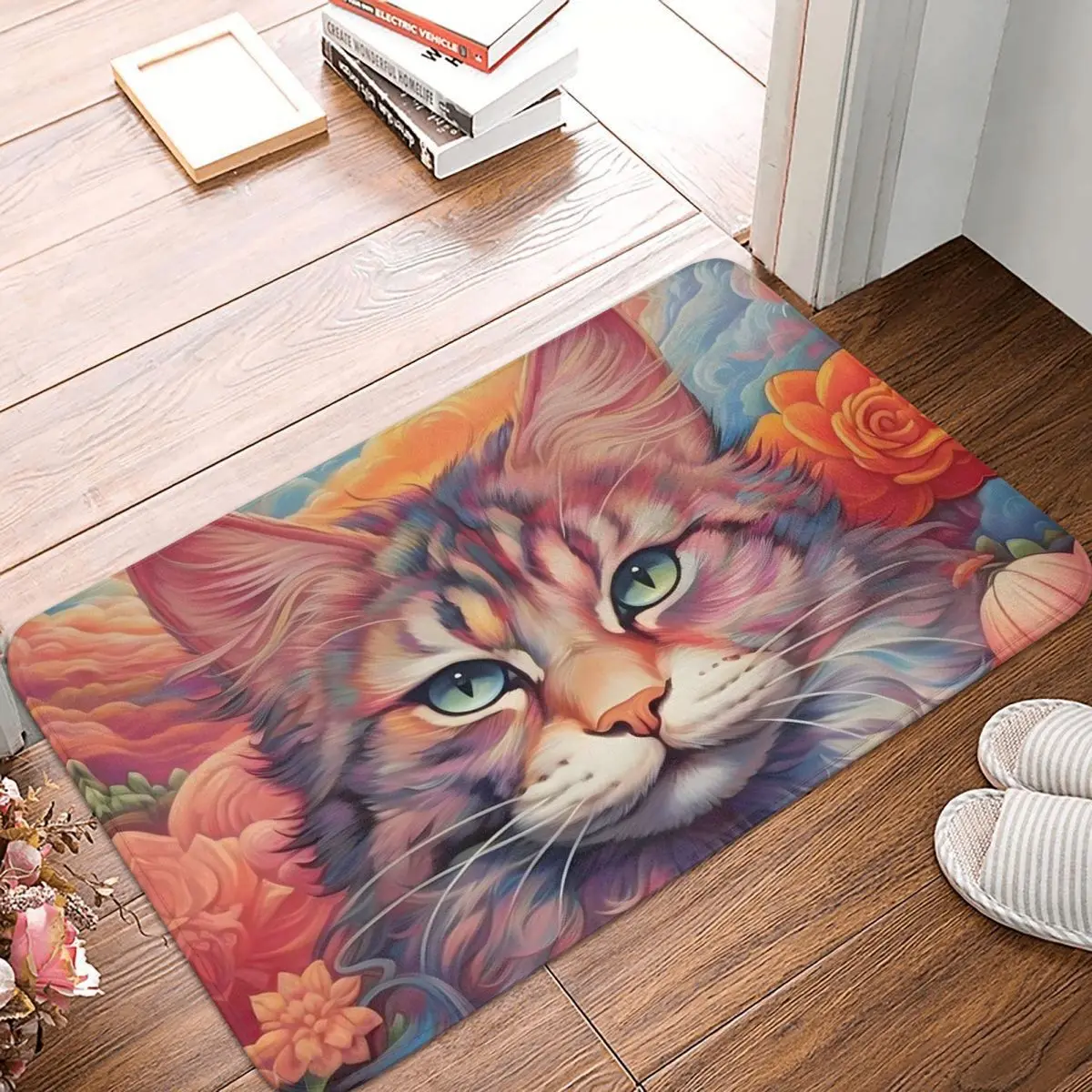 Cat Clouds Psychedelic Foot Mat for Shower Home Entrance Flower Bath Mat Vintage Bathroom Carpet Protective Non Slip Toilet Pad