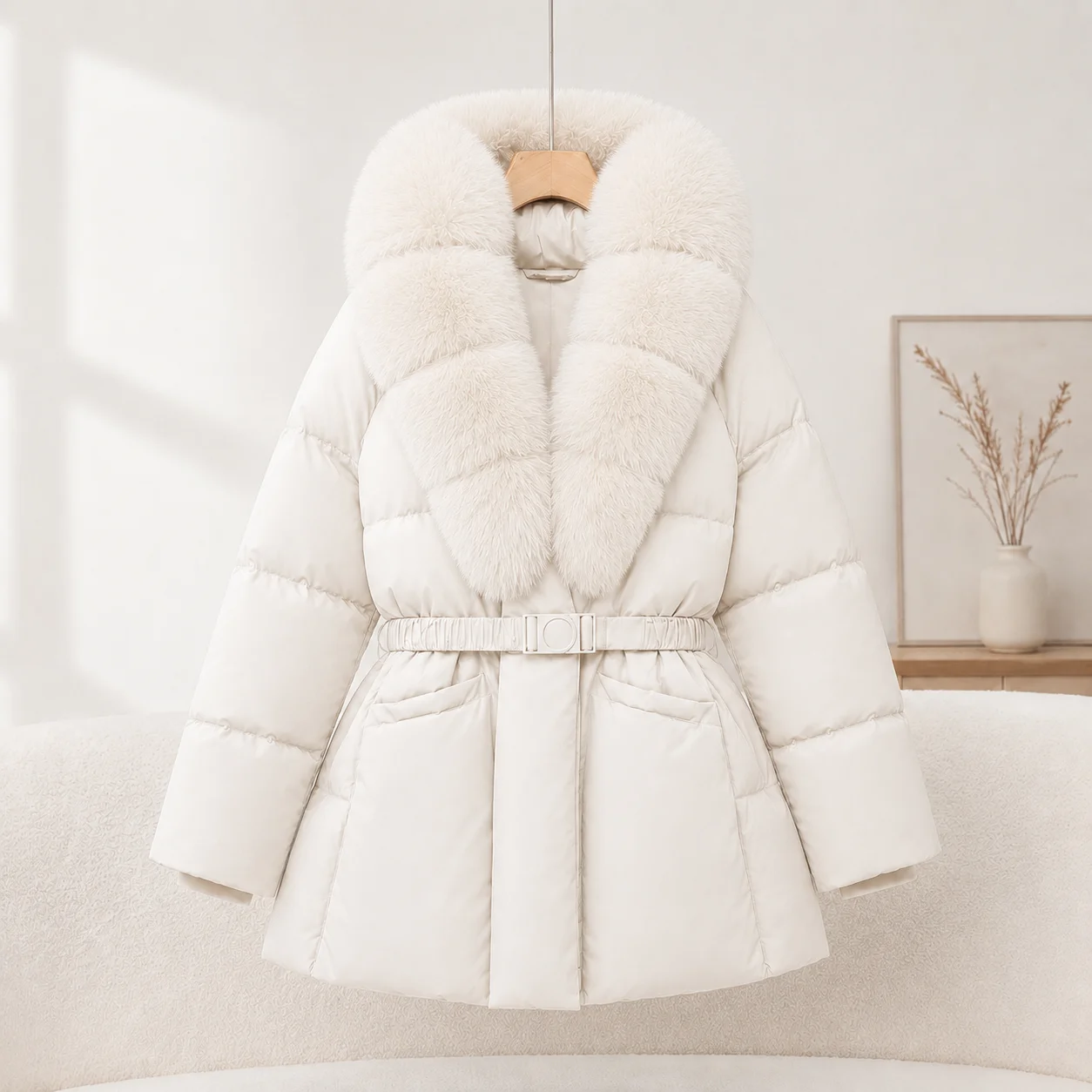 Women Winter Faux Fox Fur Collar Parkas Coat With Belted Waist Mid Length Thick Warm Quilted Outerwear Jackets Ladies Clothing