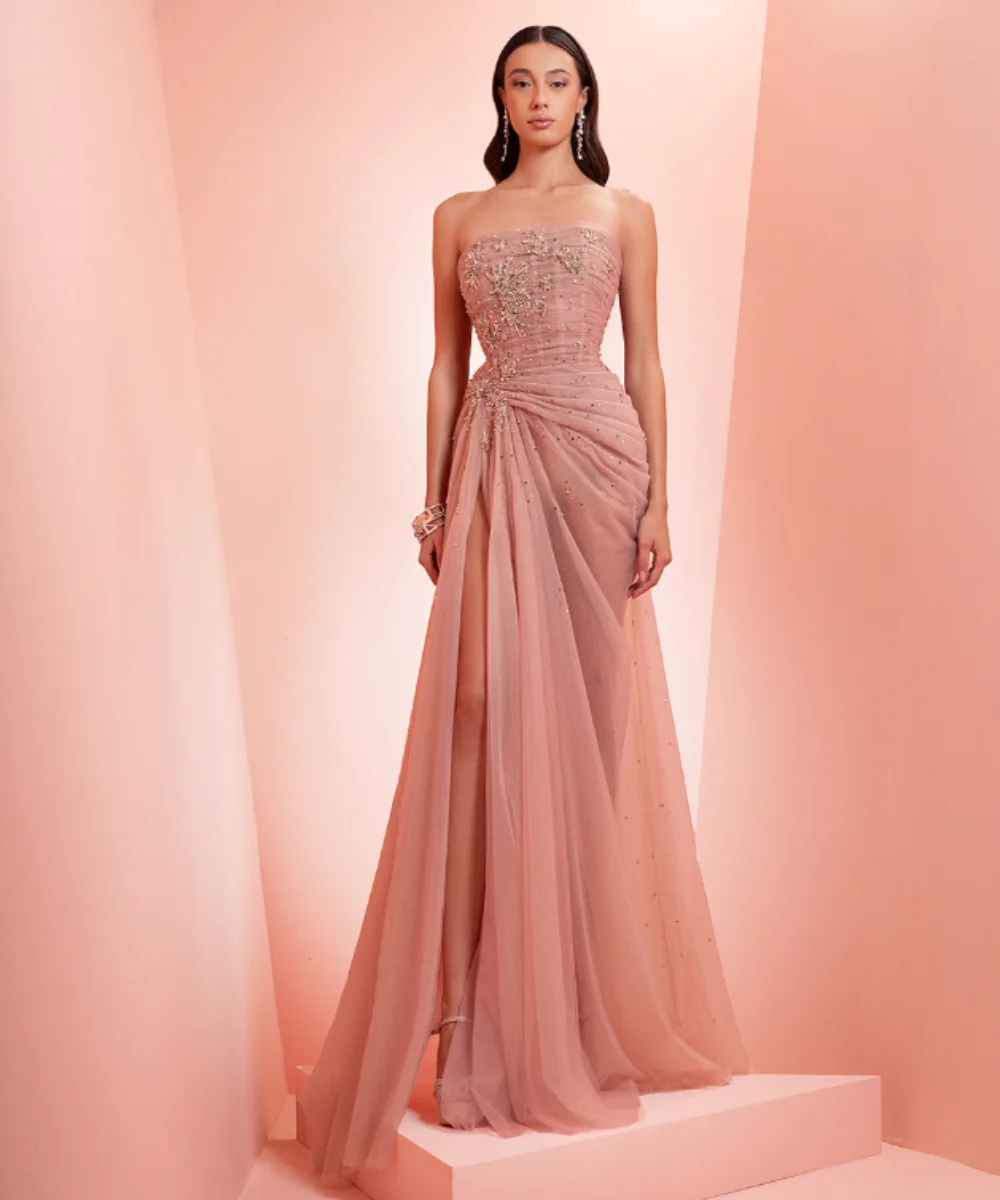 

Customized Formal Net Pleat Sequined Mermaid Strapless Long Bespoke Occasion Prom Dresses Chinese Style Exquisite