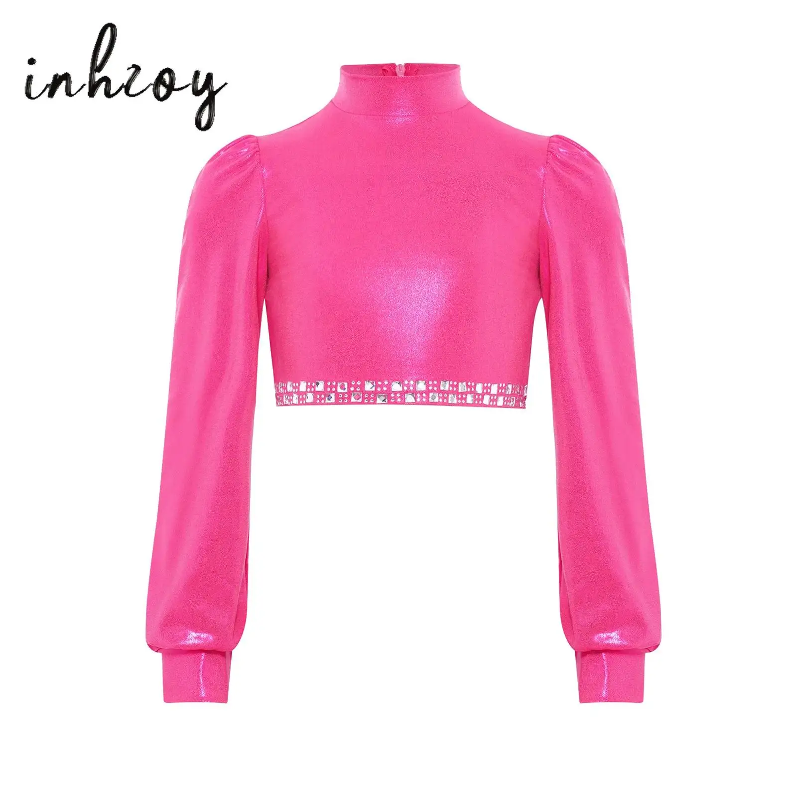 

Kids Girls Stylish Jazz Dance Performance Costume Shiny Rhinestones Metallic Crop Top And Elastic Waistband Pants Jazz Dancewear