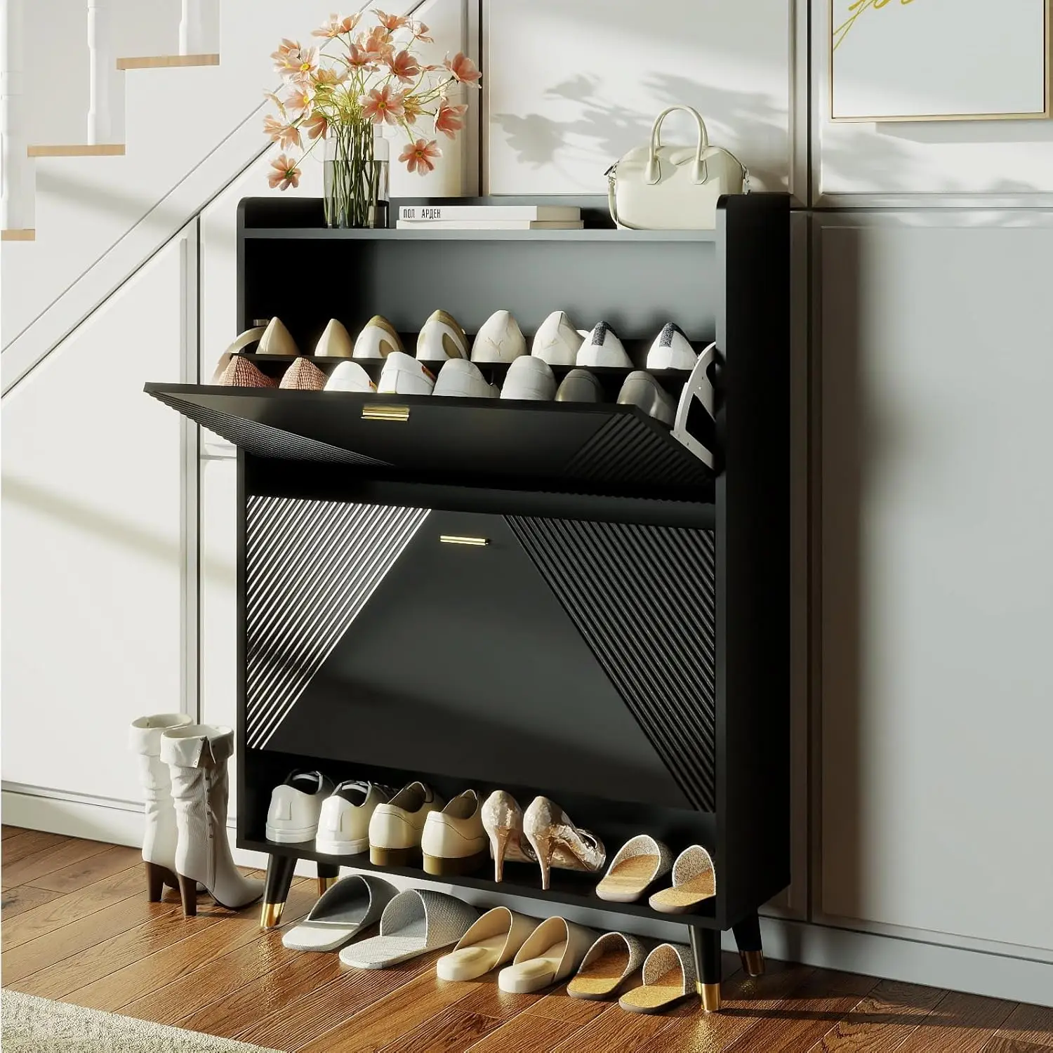

Ultra Thin Entryway Shoe Cabinet 32" Narrow 2 Flip Drawers Fluted Hidden Storage Slim Organizer Hallway, Customized