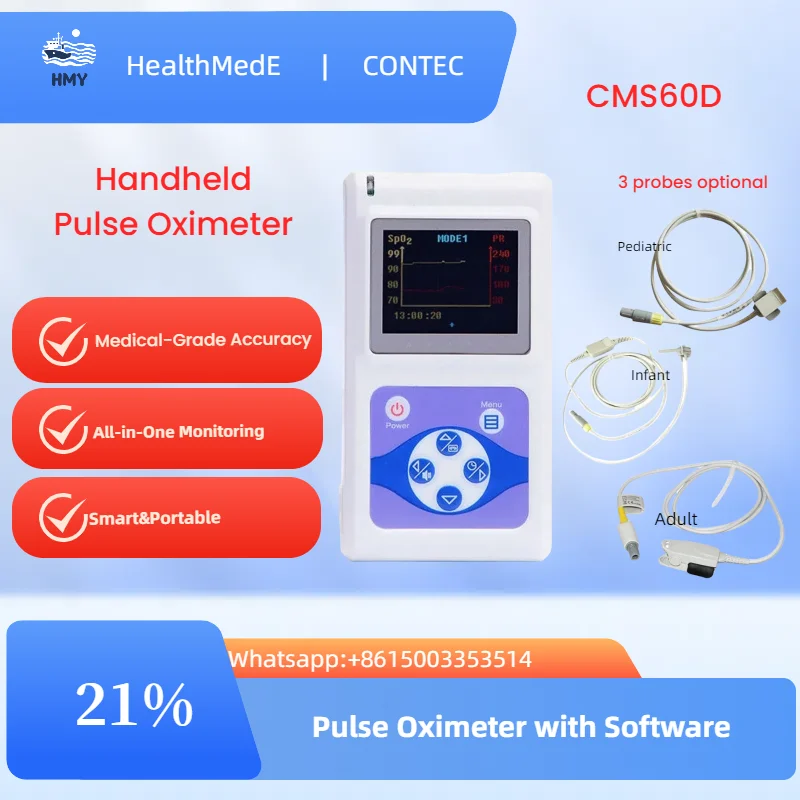 Профессиональный пульсоксиметр CMS60D — цветной дисплей 1,77 дюйма, комплект из 3 зондов, точность ± 2%, аккумулятор 44 часа, передача данных ПК