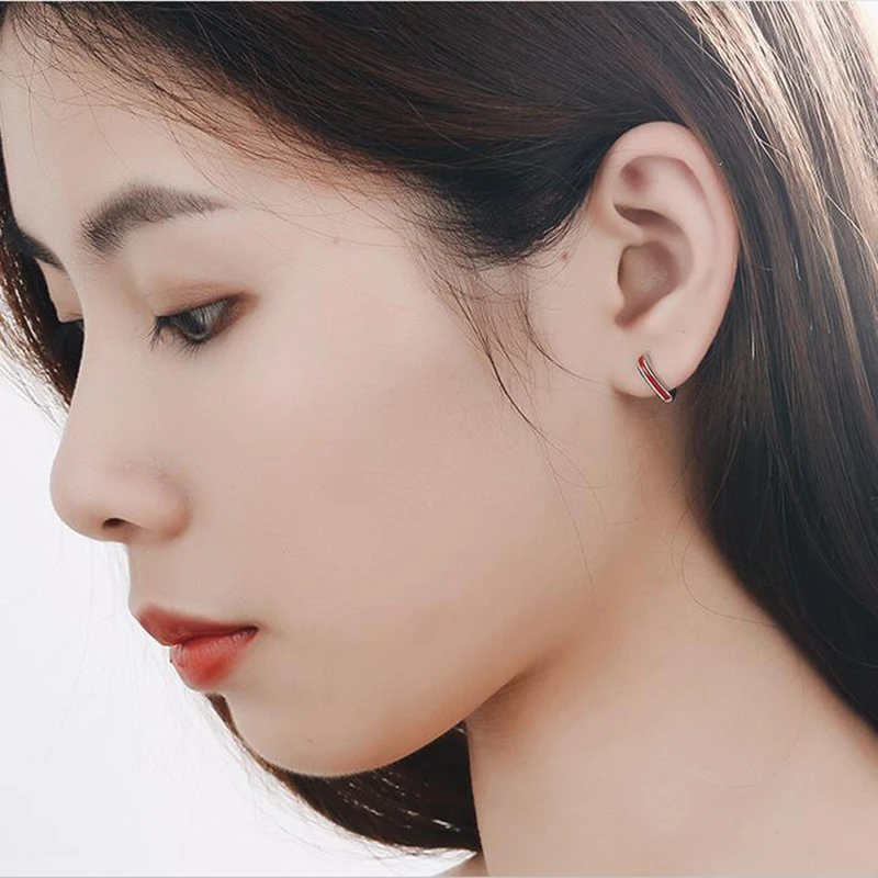 Top Vendor Classic 925 Sterling Silver Hoop Earrings For Women Temperament Simple Red Stripe Charm Party Pierced Earings Jewelry view 6