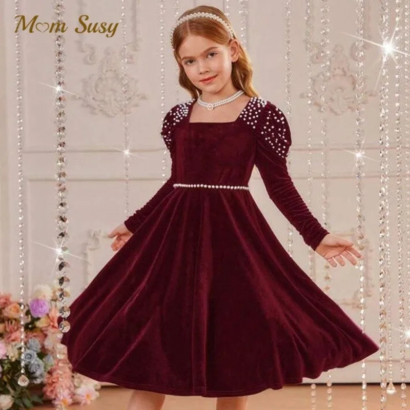 

Baby Girl Princess Pearl Velvet Dress Long Sleeve Toddler Teen Vintage Vestido Party Birthday Christmas Baby Clothes 2-14Y